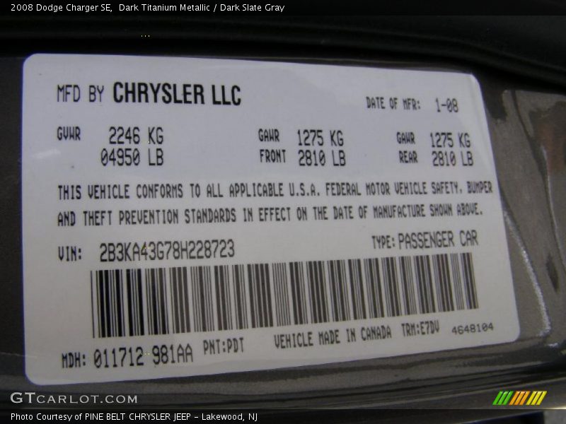 Dark Titanium Metallic / Dark Slate Gray 2008 Dodge Charger SE