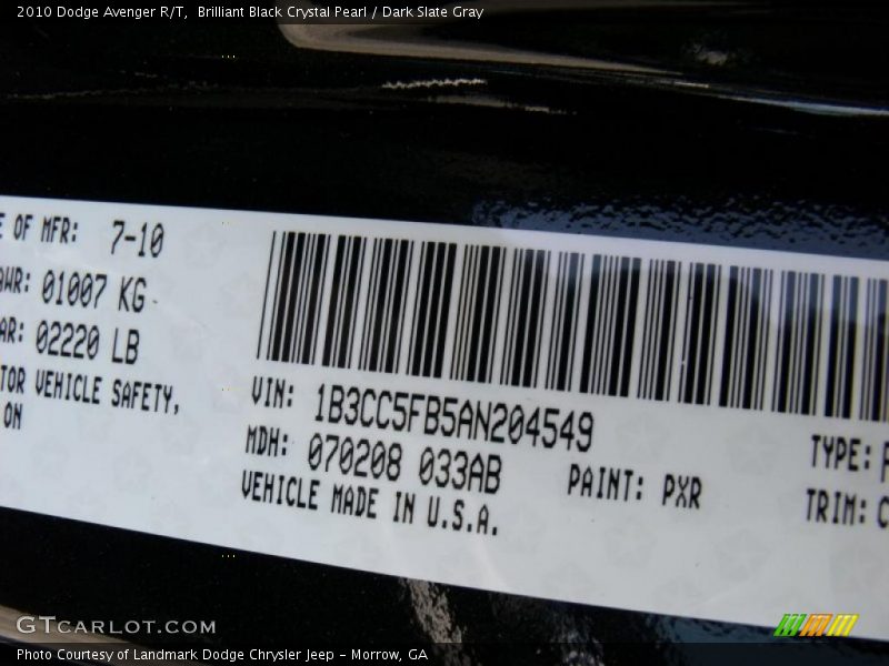 Brilliant Black Crystal Pearl / Dark Slate Gray 2010 Dodge Avenger R/T