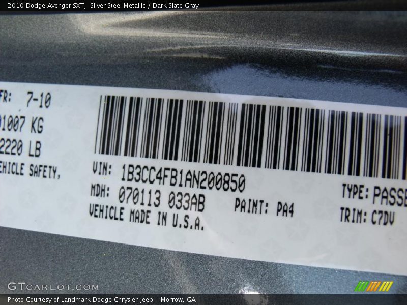 Silver Steel Metallic / Dark Slate Gray 2010 Dodge Avenger SXT