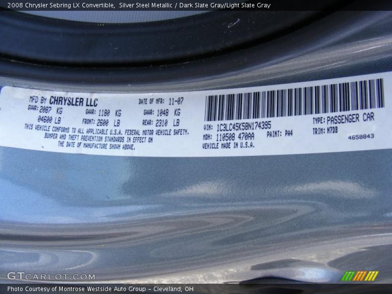 Silver Steel Metallic / Dark Slate Gray/Light Slate Gray 2008 Chrysler Sebring LX Convertible