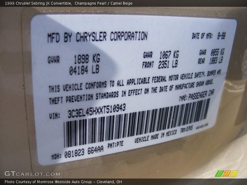 Champagne Pearl / Camel Beige 1999 Chrysler Sebring JX Convertible
