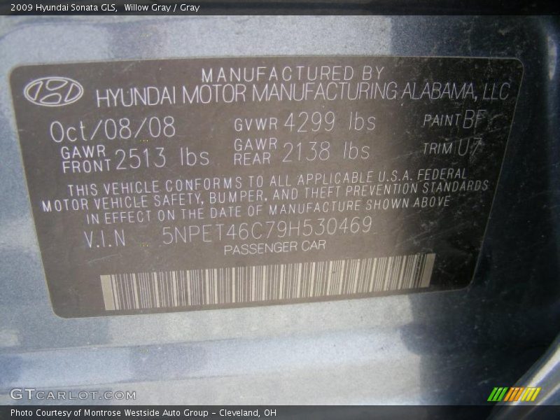 Willow Gray / Gray 2009 Hyundai Sonata GLS