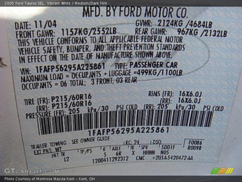 Vibrant White / Medium/Dark Flint 2005 Ford Taurus SEL