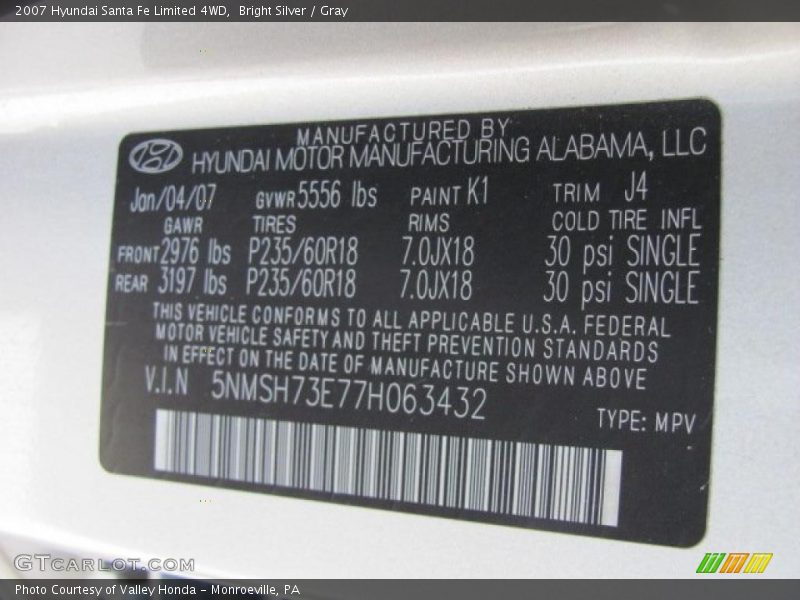 Bright Silver / Gray 2007 Hyundai Santa Fe Limited 4WD