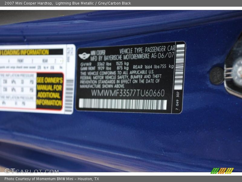 Lightning Blue Metallic / Grey/Carbon Black 2007 Mini Cooper Hardtop