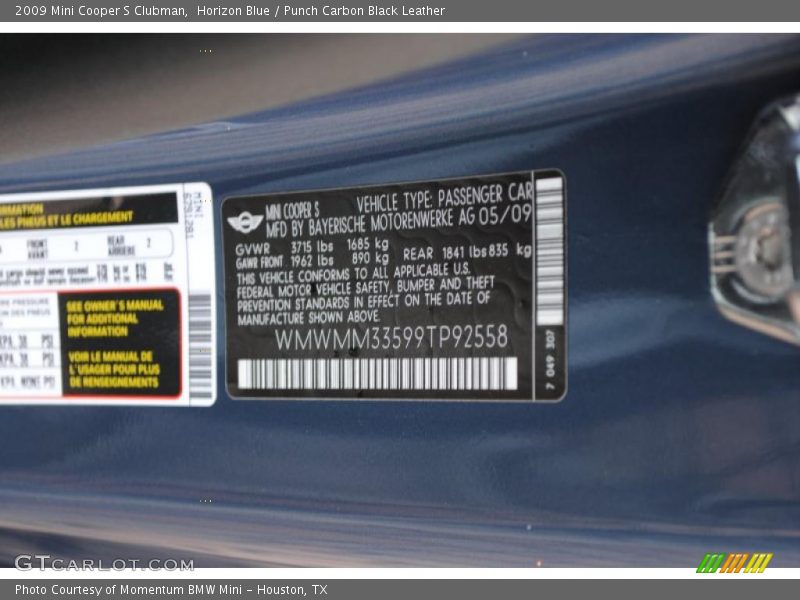 Horizon Blue / Punch Carbon Black Leather 2009 Mini Cooper S Clubman