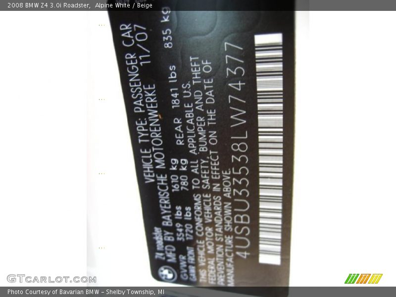 Alpine White / Beige 2008 BMW Z4 3.0i Roadster