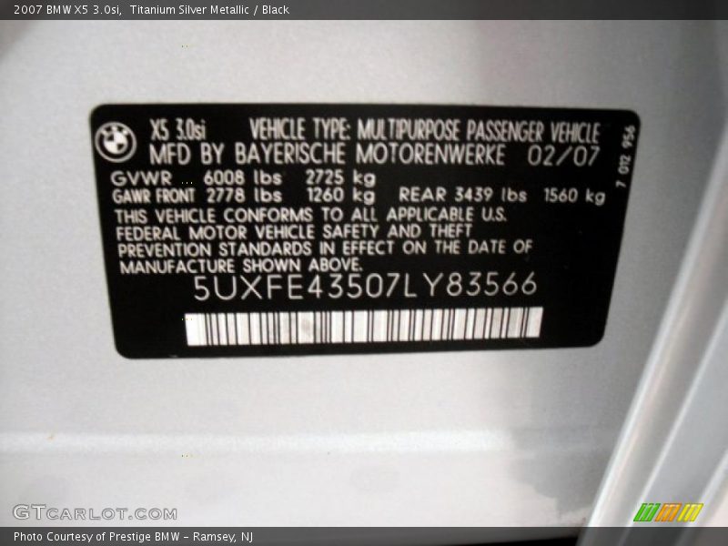 Titanium Silver Metallic / Black 2007 BMW X5 3.0si