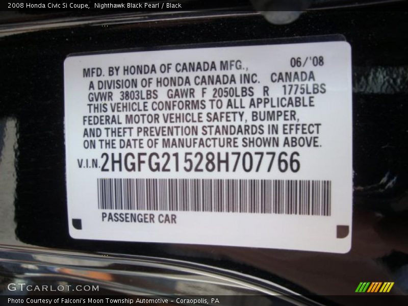 Nighthawk Black Pearl / Black 2008 Honda Civic Si Coupe