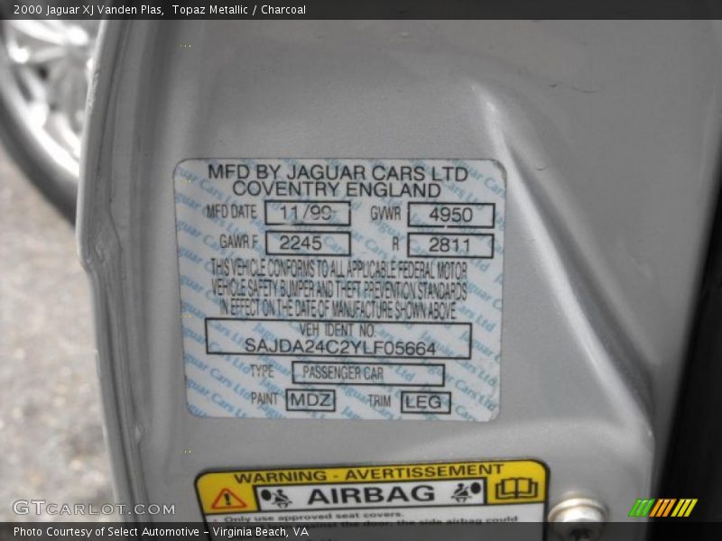 Topaz Metallic / Charcoal 2000 Jaguar XJ Vanden Plas