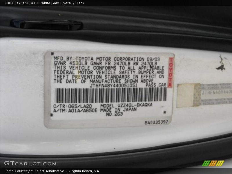 White Gold Crystal / Black 2004 Lexus SC 430