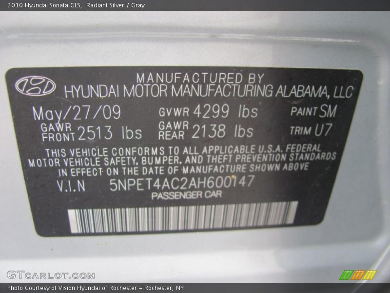 Radiant Silver / Gray 2010 Hyundai Sonata GLS