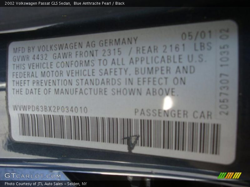 Blue Anthracite Pearl / Black 2002 Volkswagen Passat GLS Sedan