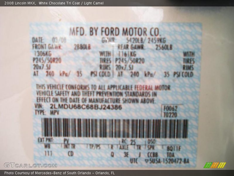 White Chocolate Tri Coat / Light Camel 2008 Lincoln MKX
