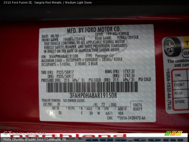 Sangria Red Metallic / Medium Light Stone 2010 Ford Fusion SE
