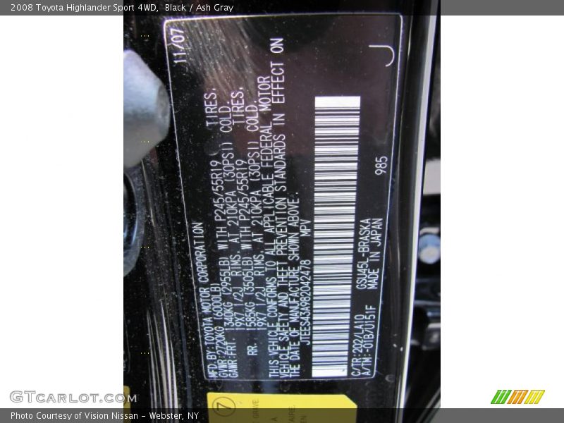 Black / Ash Gray 2008 Toyota Highlander Sport 4WD