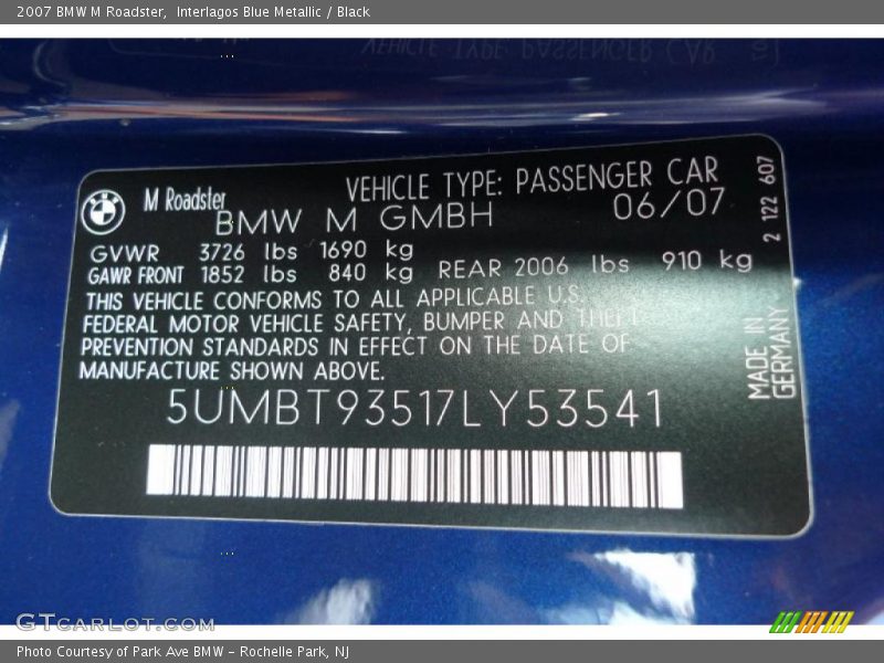 Interlagos Blue Metallic / Black 2007 BMW M Roadster