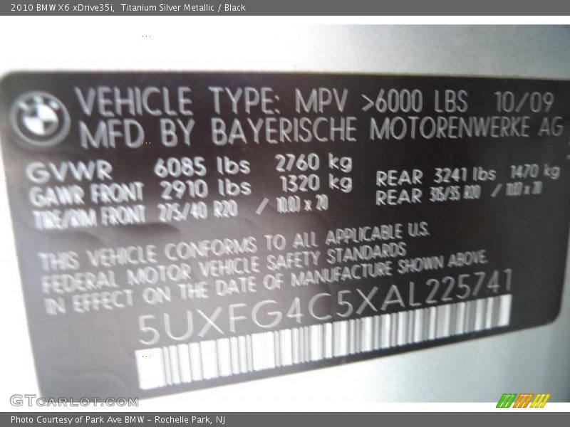 Titanium Silver Metallic / Black 2010 BMW X6 xDrive35i