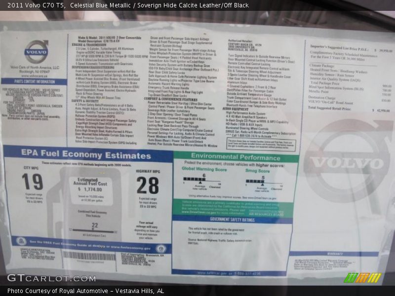 Celestial Blue Metallic / Soverign Hide Calcite Leather/Off Black 2011 Volvo C70 T5