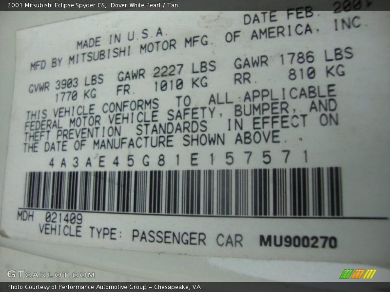 Dover White Pearl / Tan 2001 Mitsubishi Eclipse Spyder GS