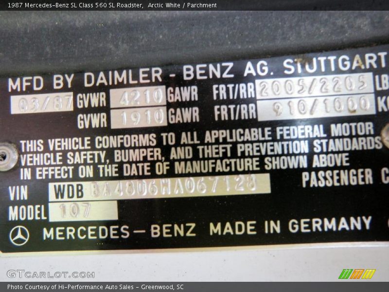 Arctic White / Parchment 1987 Mercedes-Benz SL Class 560 SL Roadster