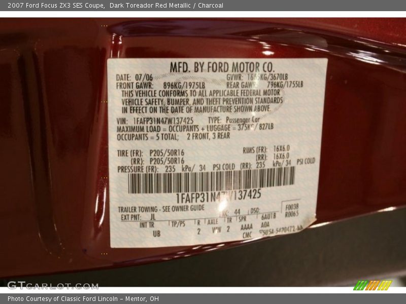 Dark Toreador Red Metallic / Charcoal 2007 Ford Focus ZX3 SES Coupe