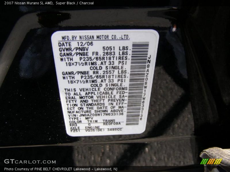 Super Black / Charcoal 2007 Nissan Murano SL AWD