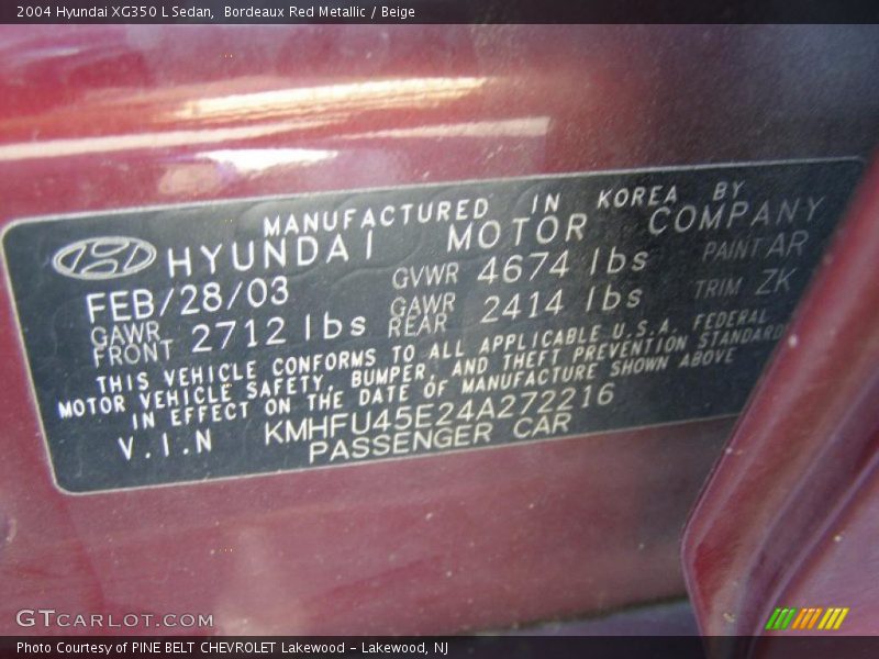 Bordeaux Red Metallic / Beige 2004 Hyundai XG350 L Sedan