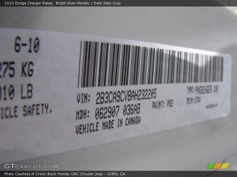 Bright Silver Metallic / Dark Slate Gray 2010 Dodge Charger Rallye