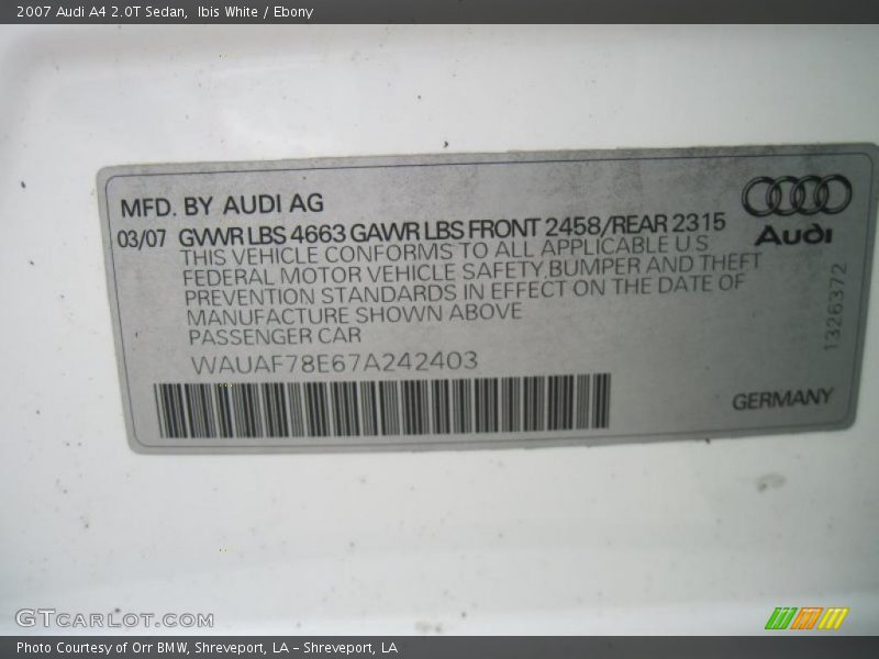 Ibis White / Ebony 2007 Audi A4 2.0T Sedan
