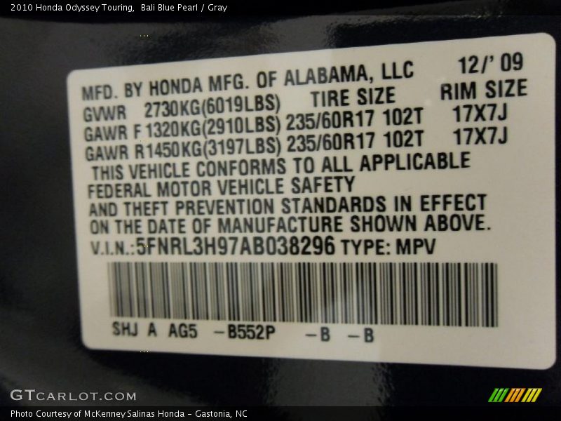 Bali Blue Pearl / Gray 2010 Honda Odyssey Touring