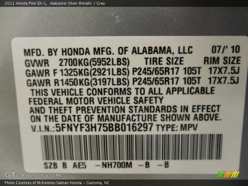 Alabaster Silver Metallic / Gray 2011 Honda Pilot EX-L