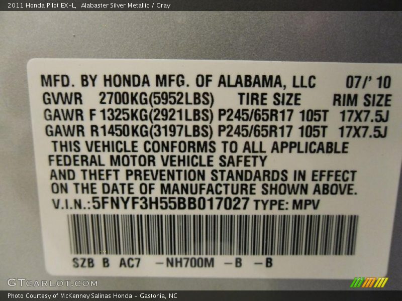 Alabaster Silver Metallic / Gray 2011 Honda Pilot EX-L