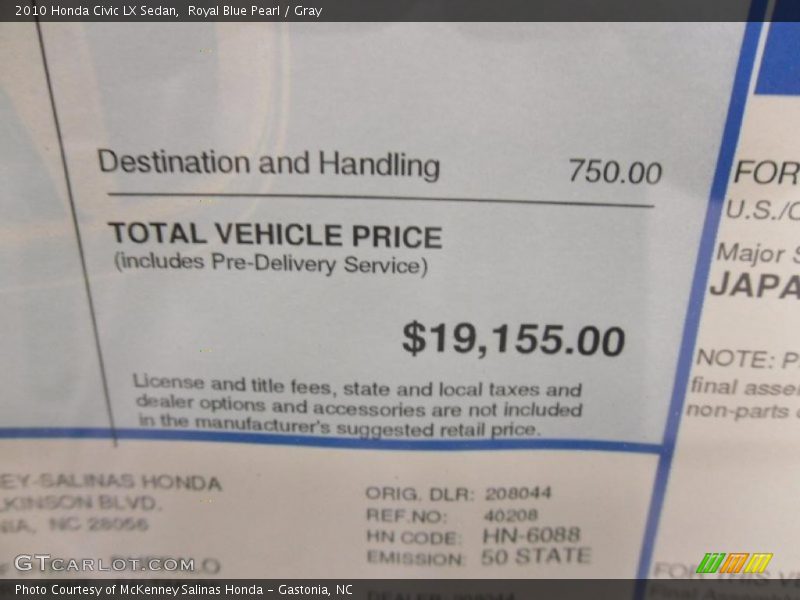 Royal Blue Pearl / Gray 2010 Honda Civic LX Sedan