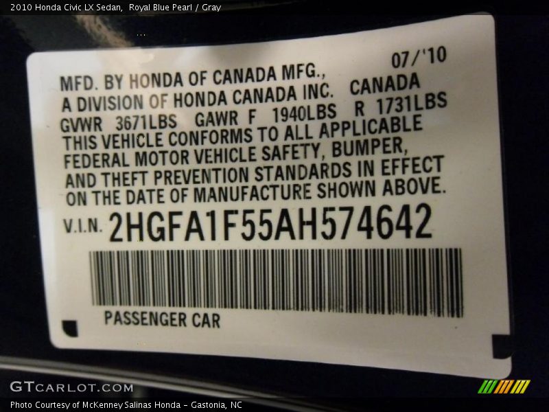 Royal Blue Pearl / Gray 2010 Honda Civic LX Sedan
