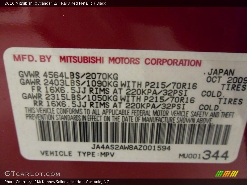 Rally Red Metallic / Black 2010 Mitsubishi Outlander ES