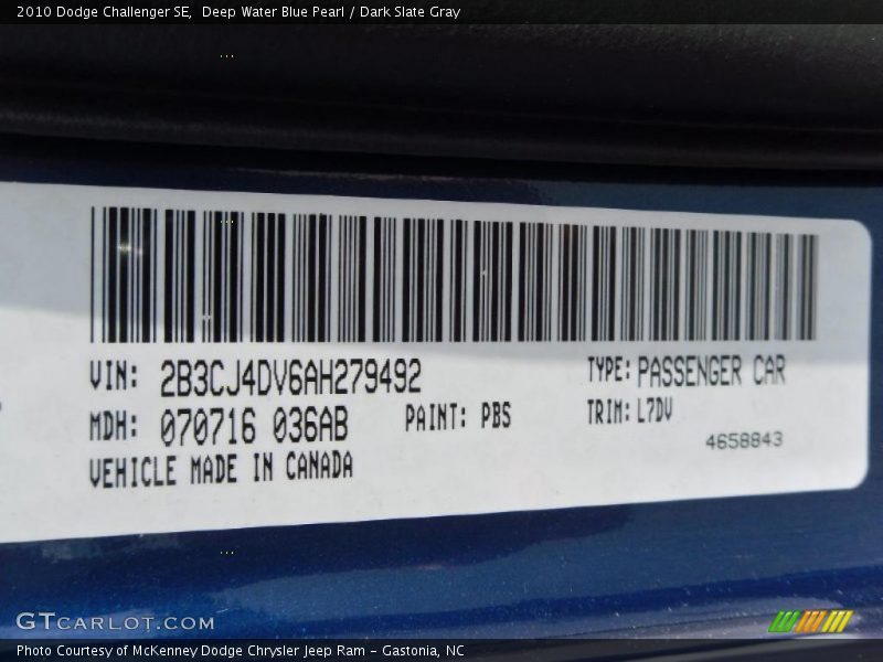 Deep Water Blue Pearl / Dark Slate Gray 2010 Dodge Challenger SE