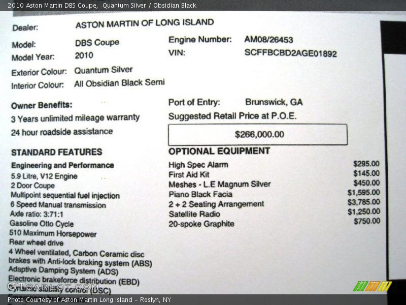 Quantum Silver / Obsidian Black 2010 Aston Martin DBS Coupe