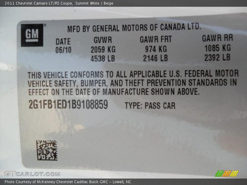 Summit White / Beige 2011 Chevrolet Camaro LT/RS Coupe
