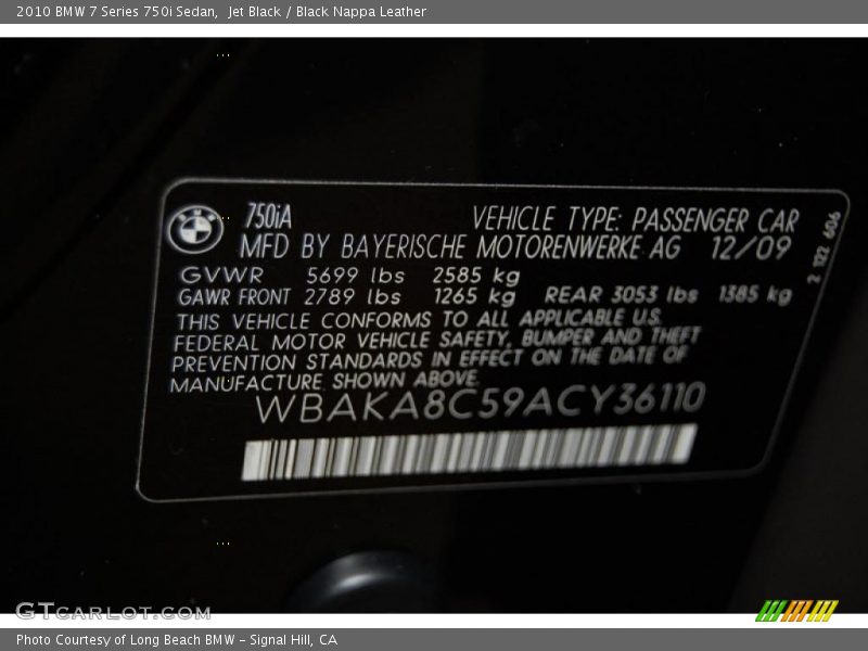 Jet Black / Black Nappa Leather 2010 BMW 7 Series 750i Sedan