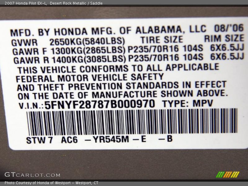 Desert Rock Metallic / Saddle 2007 Honda Pilot EX-L
