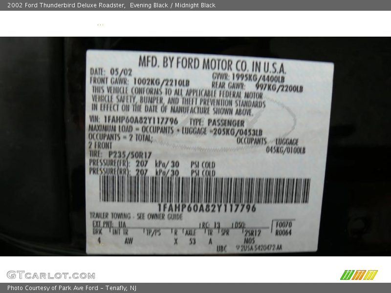 Evening Black / Midnight Black 2002 Ford Thunderbird Deluxe Roadster