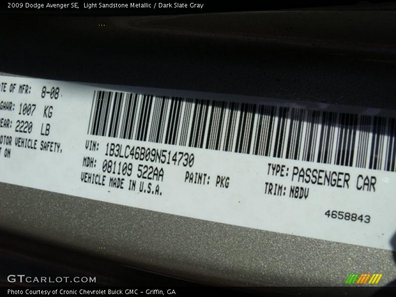 Light Sandstone Metallic / Dark Slate Gray 2009 Dodge Avenger SE