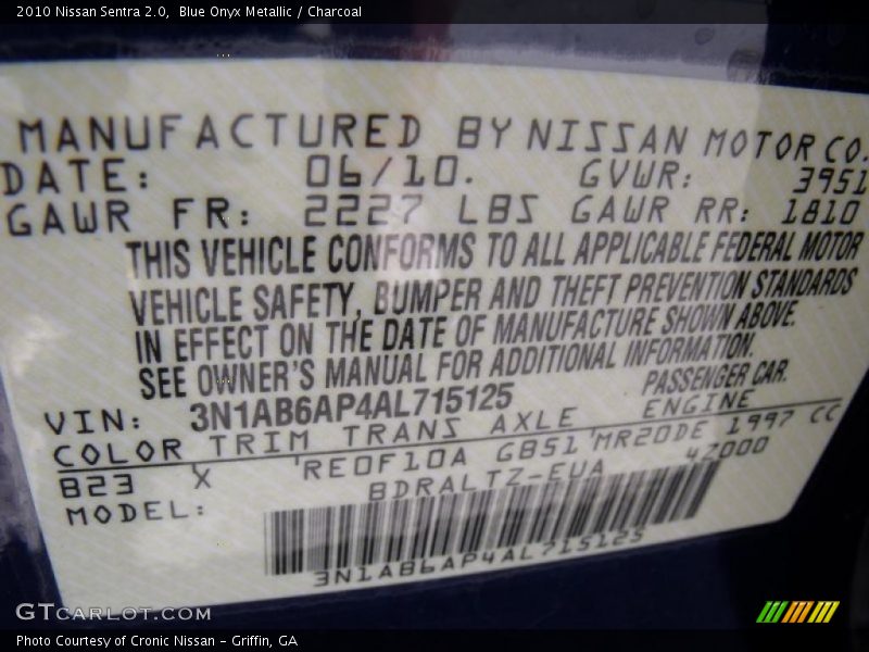 Blue Onyx Metallic / Charcoal 2010 Nissan Sentra 2.0