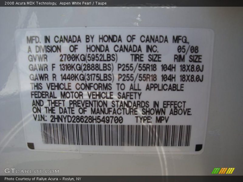 Aspen White Pearl / Taupe 2008 Acura MDX Technology