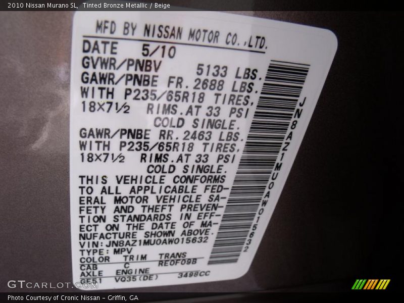 Tinted Bronze Metallic / Beige 2010 Nissan Murano SL
