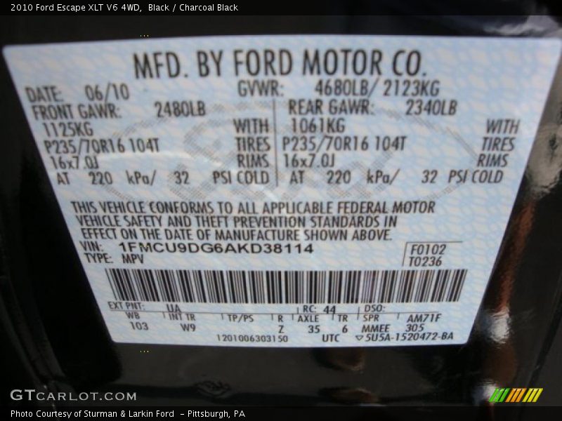 Black / Charcoal Black 2010 Ford Escape XLT V6 4WD