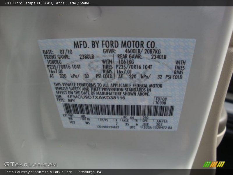 White Suede / Stone 2010 Ford Escape XLT 4WD