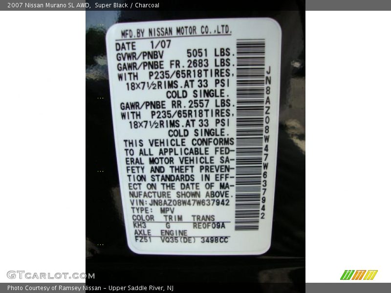 Super Black / Charcoal 2007 Nissan Murano SL AWD