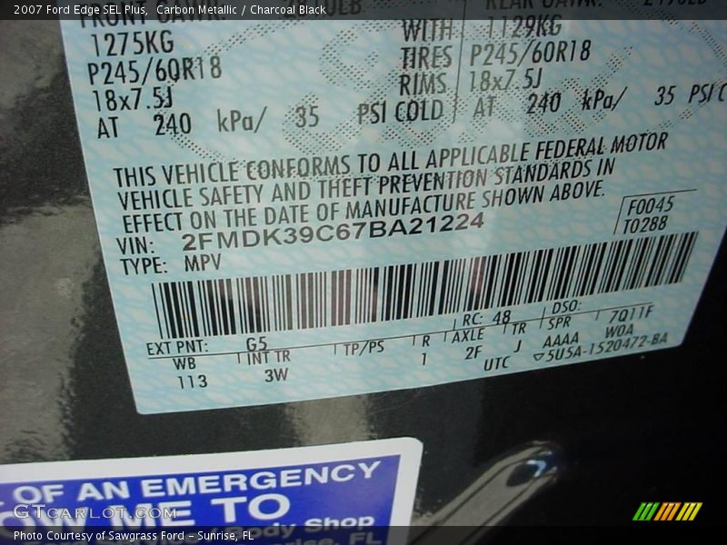 Carbon Metallic / Charcoal Black 2007 Ford Edge SEL Plus